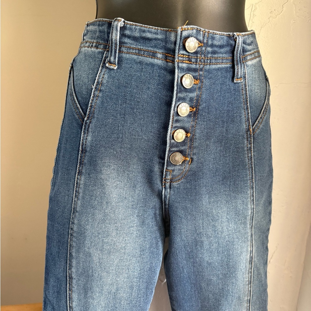 Cello Women's Mid-Blue High-Rise Flare Jeans exposed button fly raw hem sz 28 - Picture 12 of 14